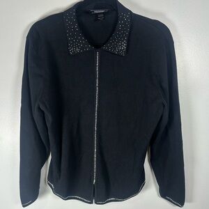 Christine Alexander Elegant Black Rhinestone Studded Sweater with Collar Large
